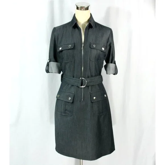 Sharagano Petite Zip Front Belted Pockets Chambray Shirtwaist Dress 4P 70s Style - Picture 1 of 11
